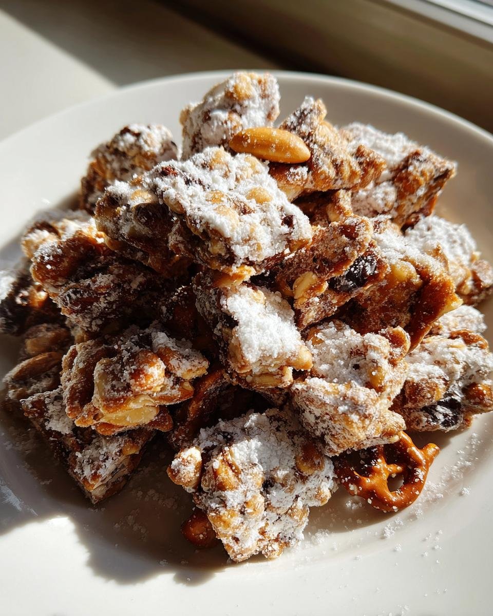 A close-up of Christmas Reindeer Crack pieces piled high on a white plate, dusted heavily with powdered sugar.
