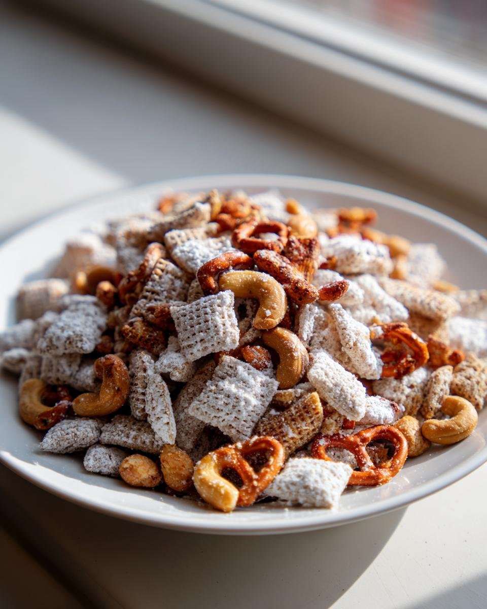 Close-up of a white plate piled high with Christmas Reindeer Crack, featuring powdered sugar-dusted cereal, pretzels, and cashews.