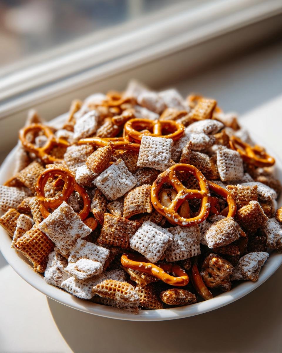 A white bowl filled with Christmas Reindeer Crack, featuring powdered sugar-dusted square cereal pieces and small pretzels.