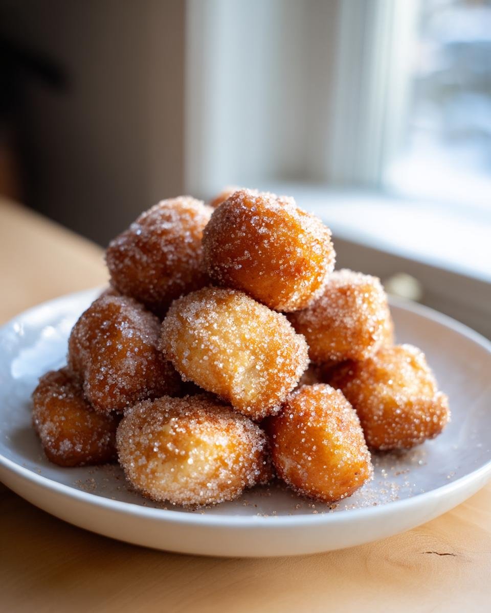 A mound of freshly fried Cinnamon Sugar Pretzel Bites piled high on a white plate, glistening with sugar.