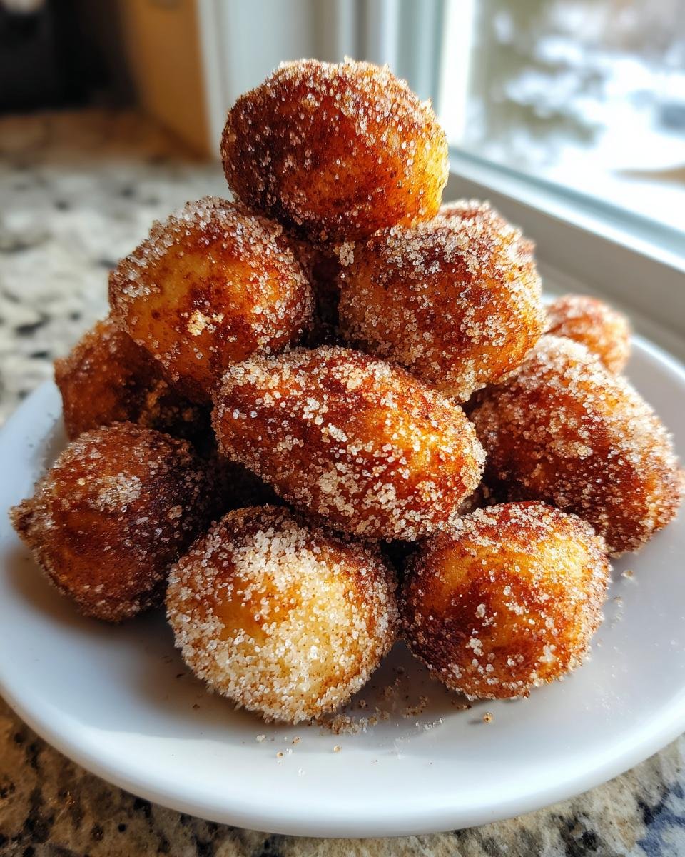 A stack of freshly made Cinnamon Sugar Pretzel Bites coated generously in sparkling cinnamon sugar mixture.