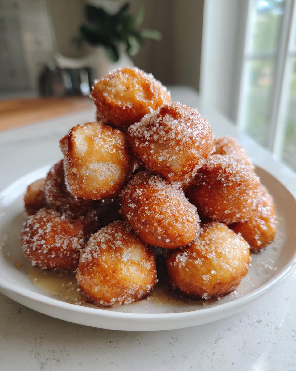 A stack of golden brown, fried Cinnamon Sugar Pretzel Bites generously coated in sparkling sugar.