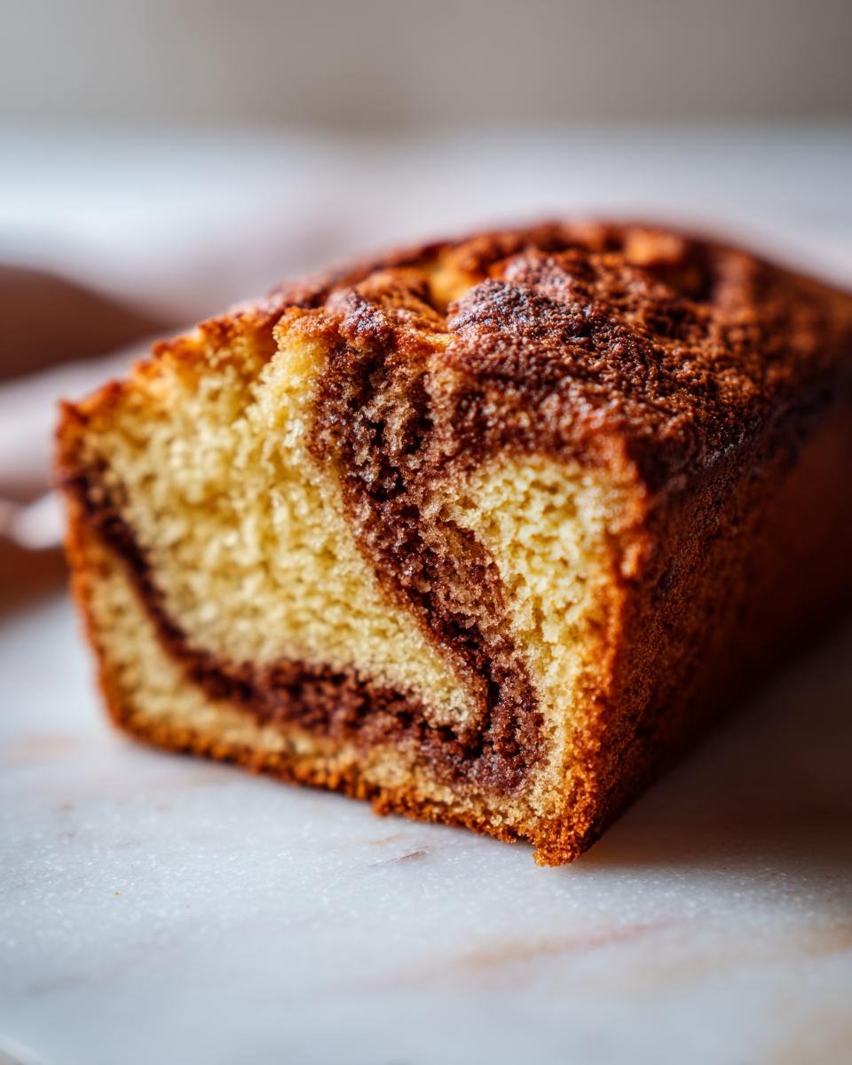 A close-up view of a freshly baked Cinnamon Swirl Quick Bread loaf showing the rich cinnamon swirl inside.