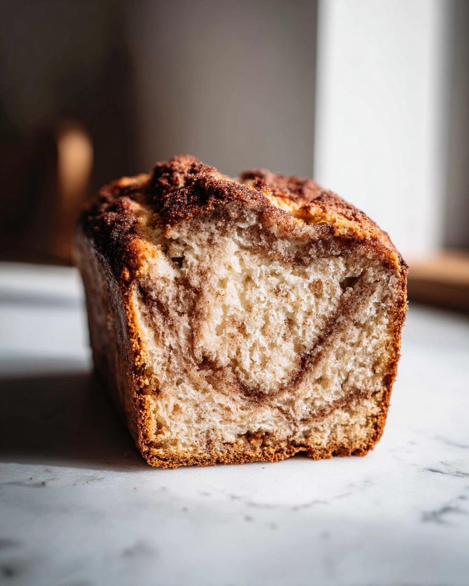 A close-up view showing the interior swirl pattern of a freshly baked Cinnamon Swirl Quick Bread loaf.