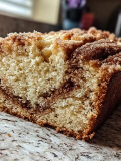 A thick slice of moist Cinnamon Swirl Quick Bread showing the interior crumb and streusel topping.