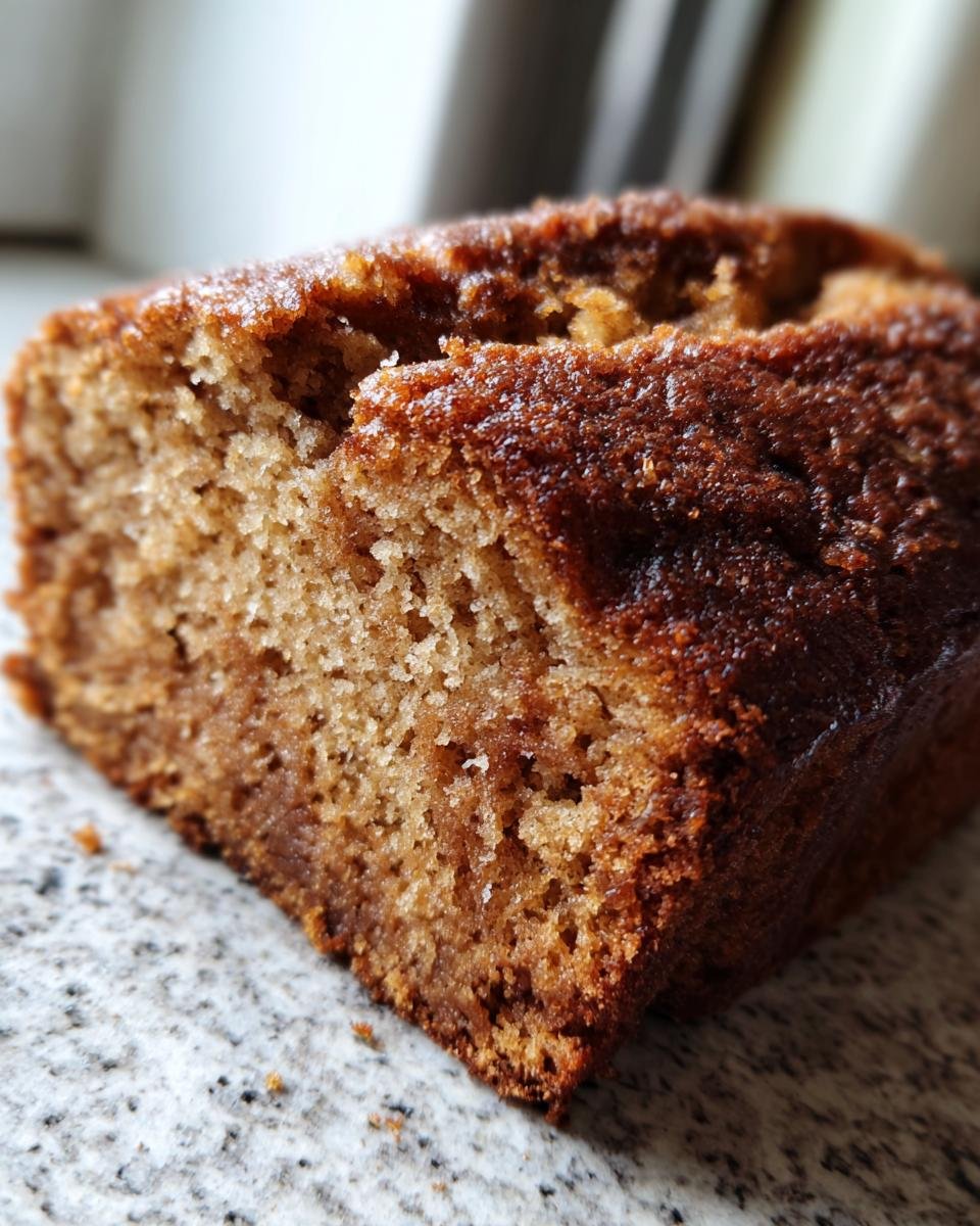 Close-up of a moist slice of Cinnamon Swirl Quick Bread showing the rich brown crust and soft interior.