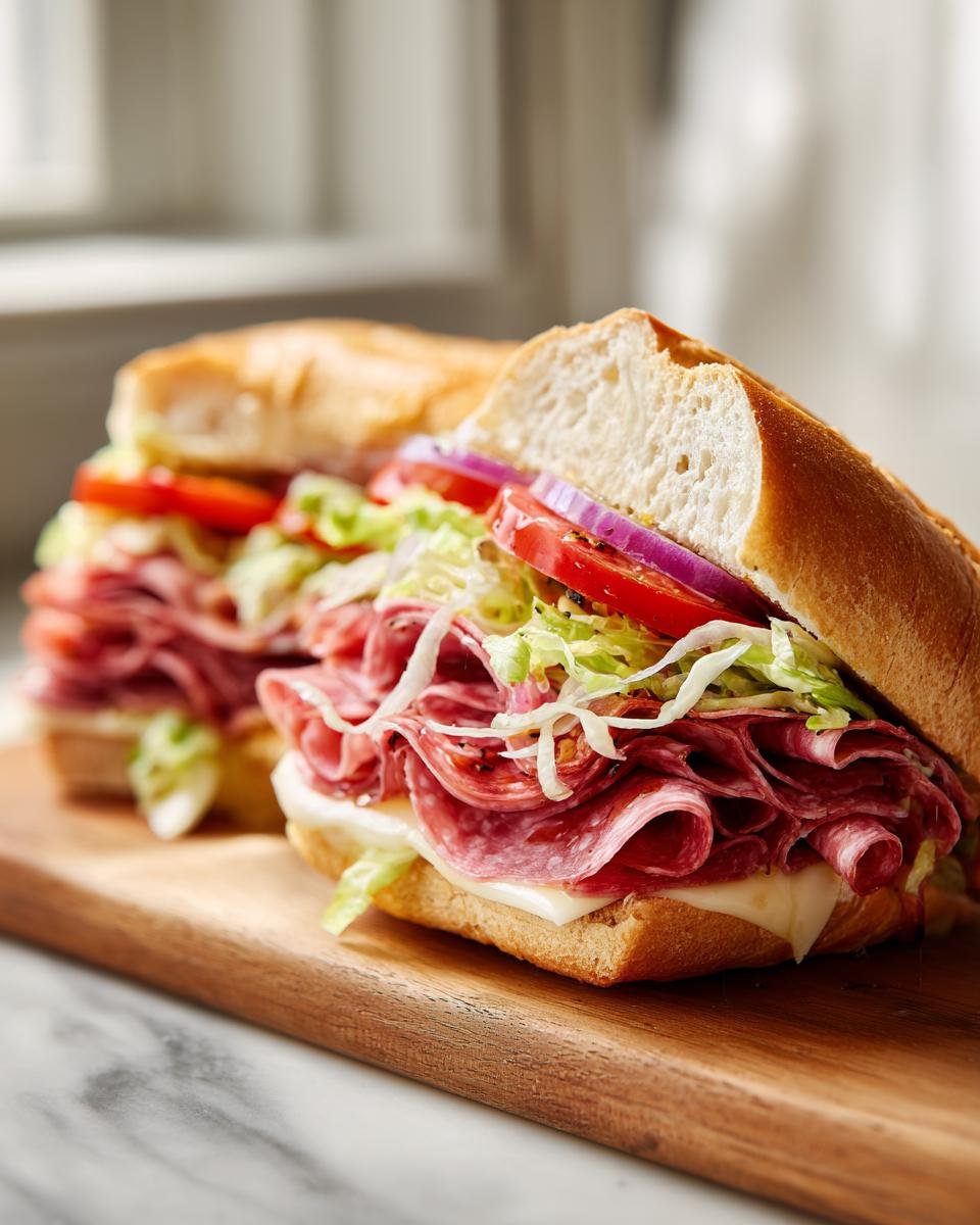 Two halves of a Classic Italian Sub sandwich overflowing with layered cured meats, provolone cheese, shredded lettuce, tomato, and red onion.