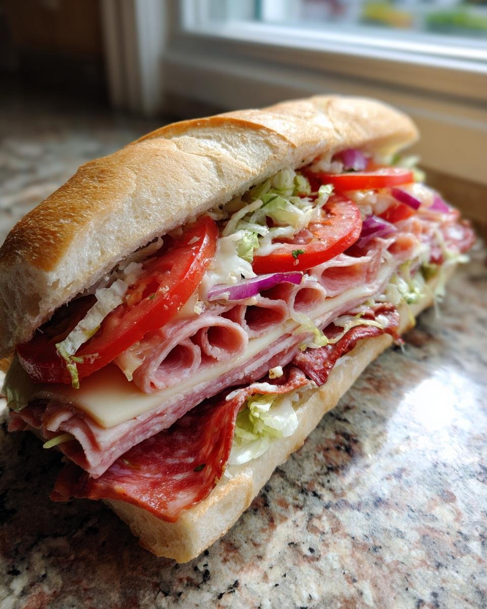 A fully loaded Classic Italian Sub sandwich overflowing with meats, cheese, lettuce, tomato, and red onion on a granite counter.