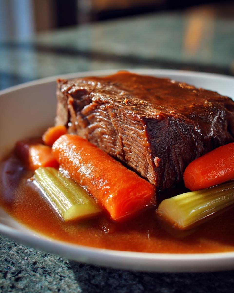 A perfectly cooked piece of Classic Pot Roast served in a bowl with large chunks of carrots and celery in rich brown gravy.