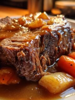 Close-up of a tender slice of Classic Pot Roast covered in rich gravy, served with chunks of cooked carrots.