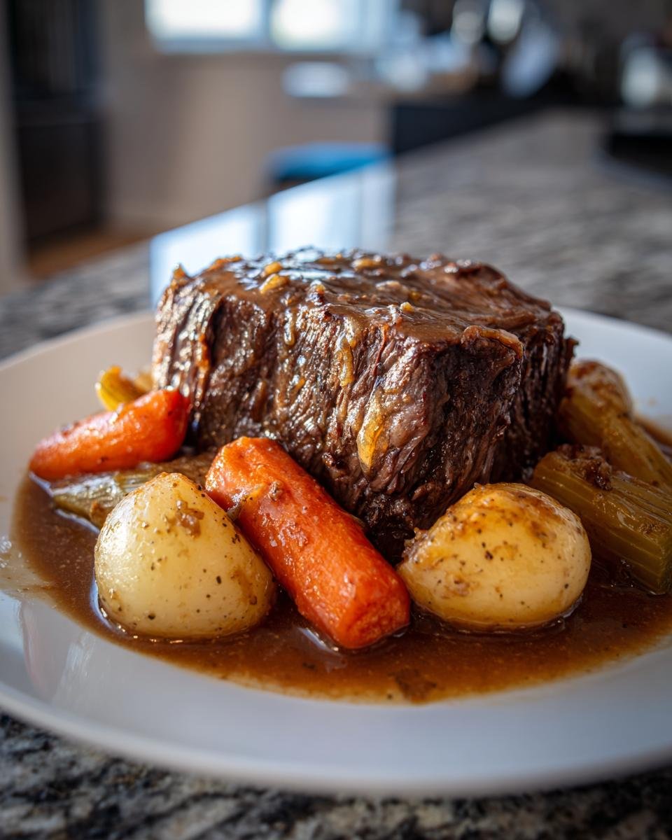 A perfectly cooked piece of Classic Pot Roast smothered in rich brown gravy, served with carrots, potatoes, and celery.