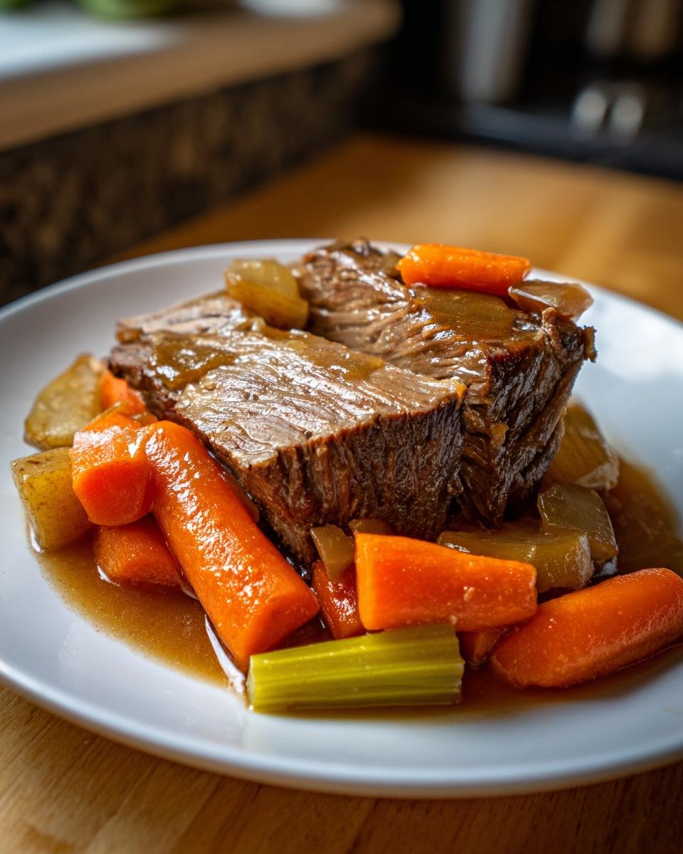 Two thick slices of tender Classic Pot Roast served on a white plate with carrots, celery, and rich brown gravy.