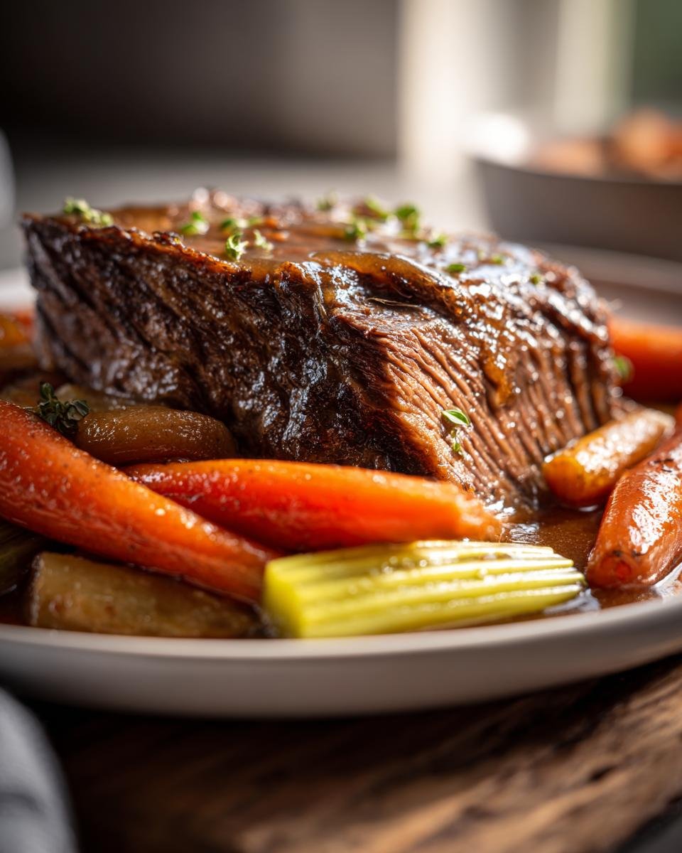 Close-up of a perfectly cooked, glazed piece of Classic Pot Roast served with tender carrots and celery.