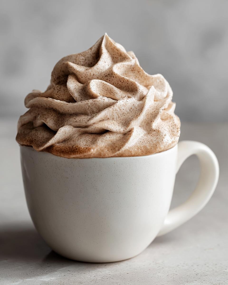 A tall swirl of speckled Coffee Whipped Cream topping a beverage in a small, speckled white mug.