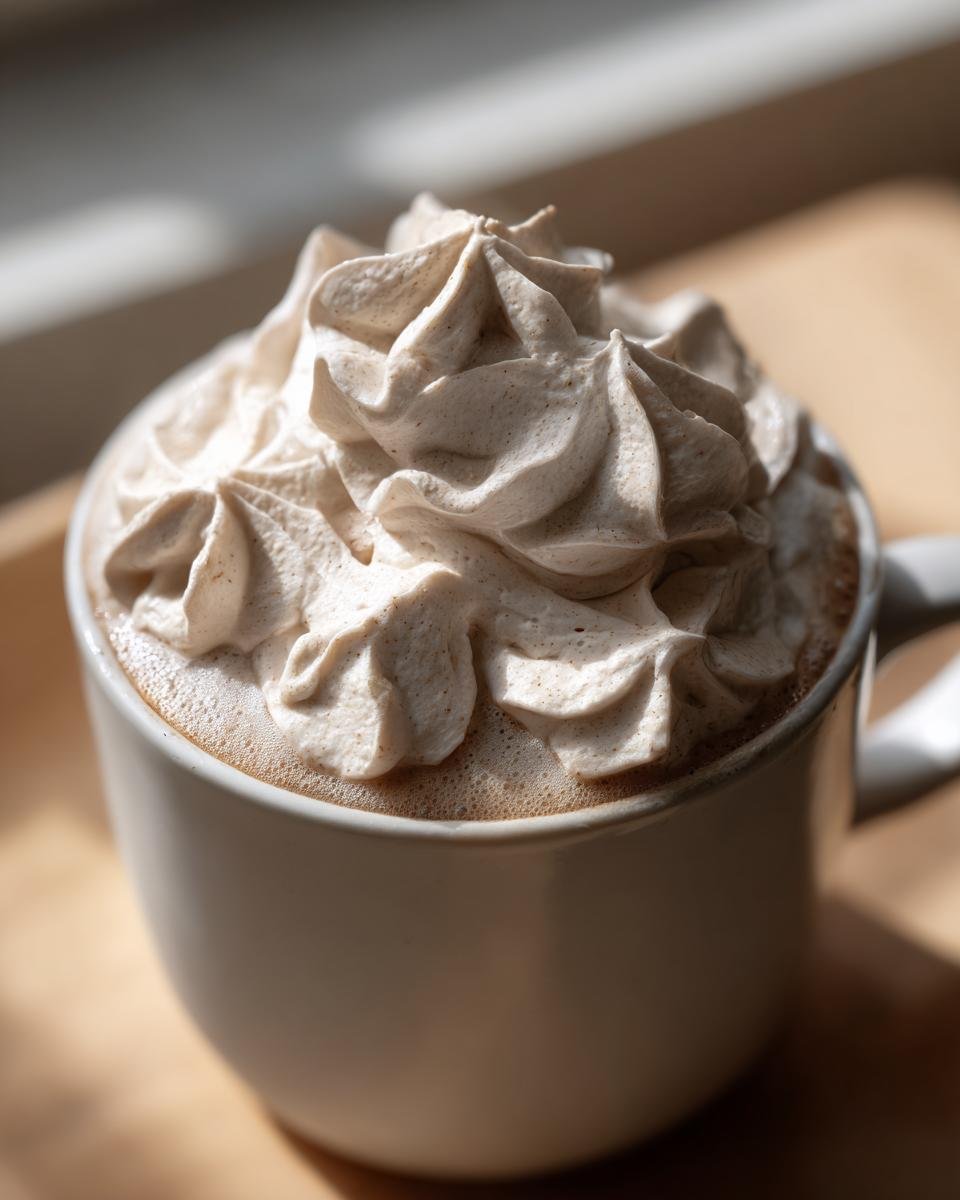 Close-up of a white mug topped generously with perfectly piped Coffee Whipped Cream.