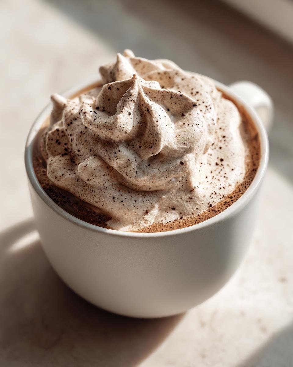 A close-up of a white mug generously topped with fluffy, speckled Coffee Whipped Cream.