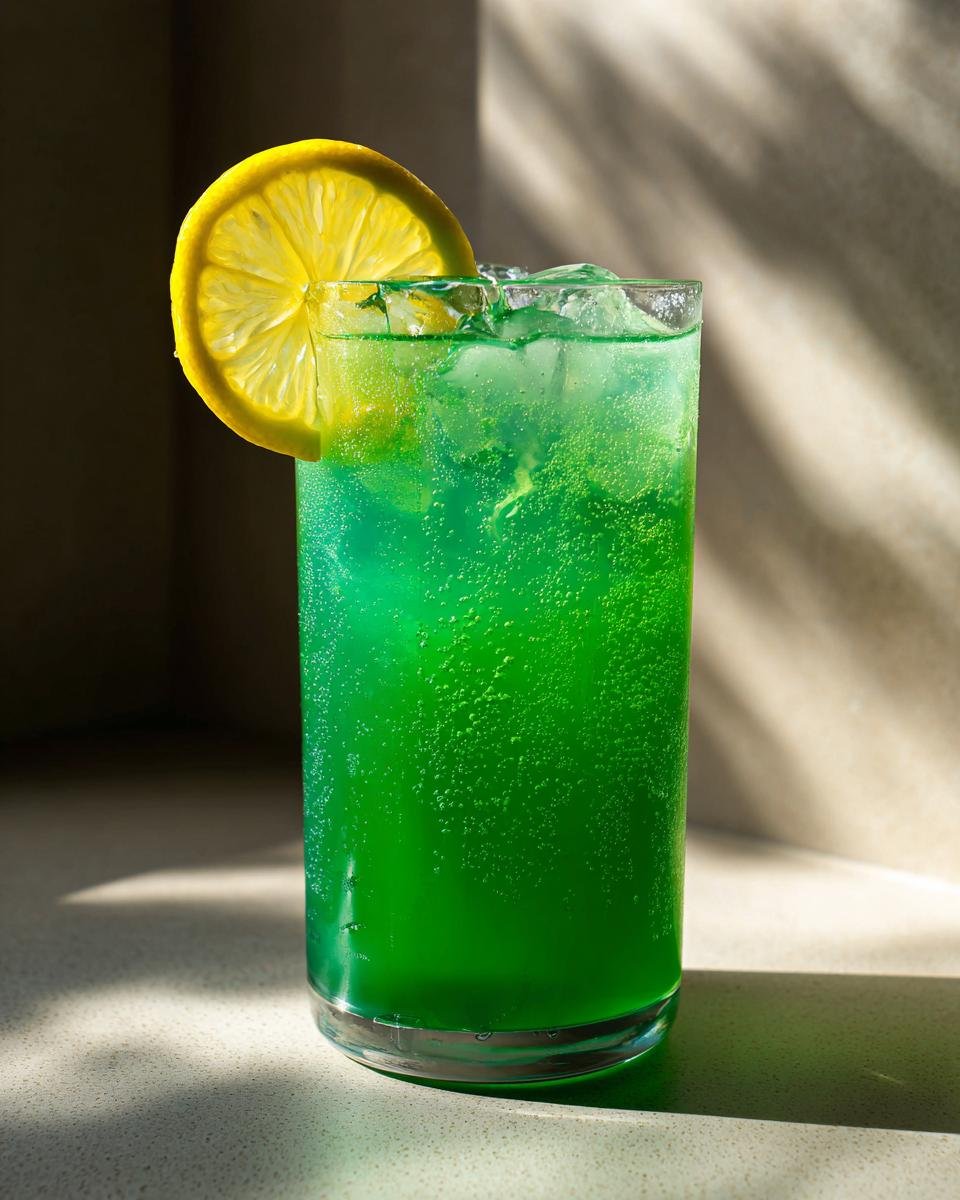 Tall glass of bright green, bubbly iced drink garnished with a lemon slice, resembling Copycat Panera Iced Green Tea.