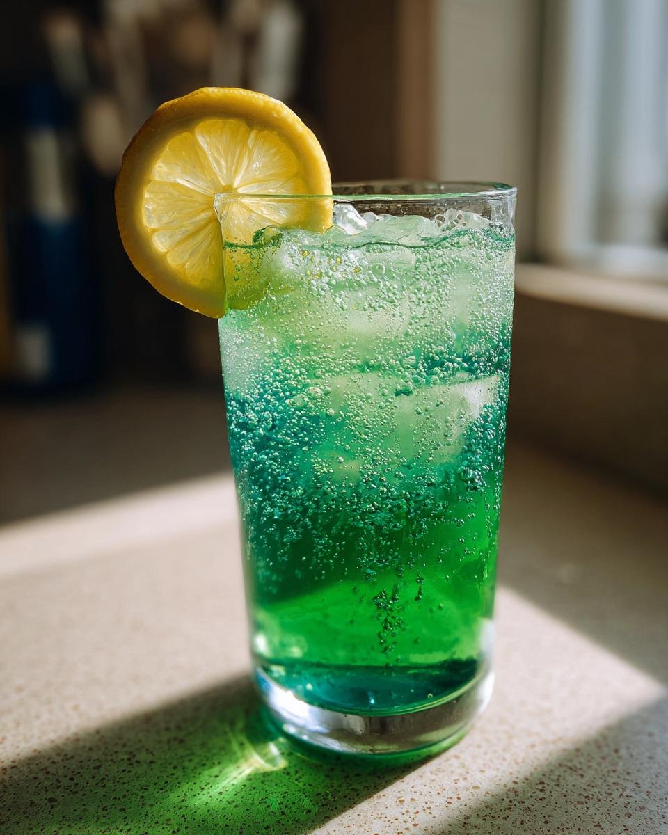 Tall glass filled with bright green, bubbly Copycat Panera Iced Green Tea, garnished with a lemon slice.