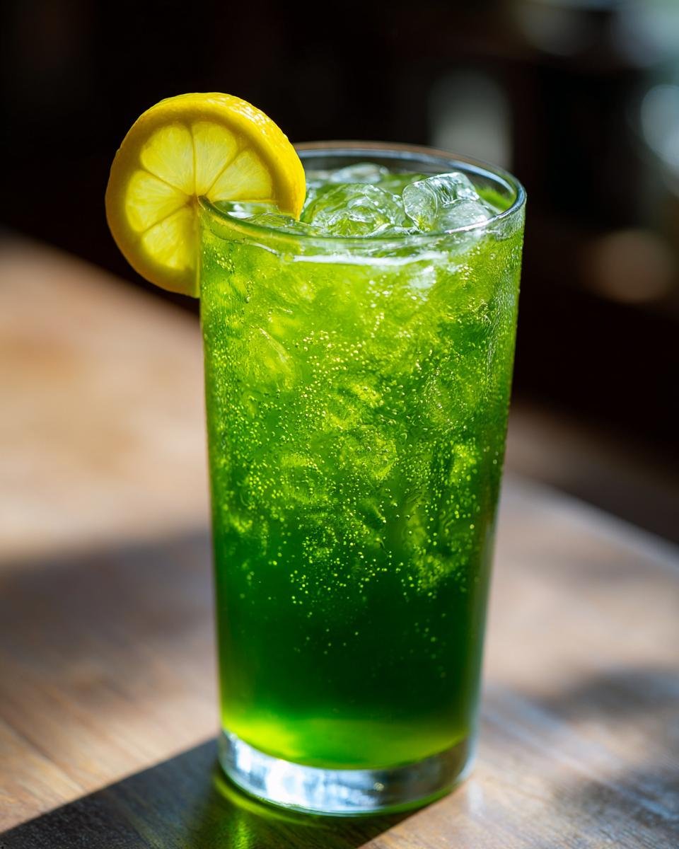 Tall glass of bright green, bubbly Copycat Panera Iced Green Tea garnished with a lemon slice.