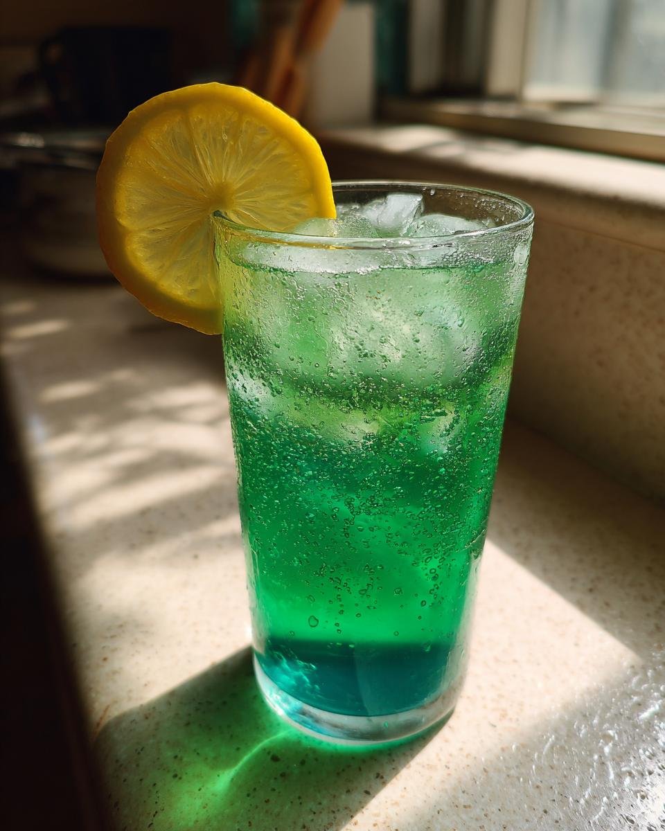 Tall glass filled with vibrant green, bubbly liquid, ice, and a lemon slice, resembling Copycat Panera Iced Green Tea.