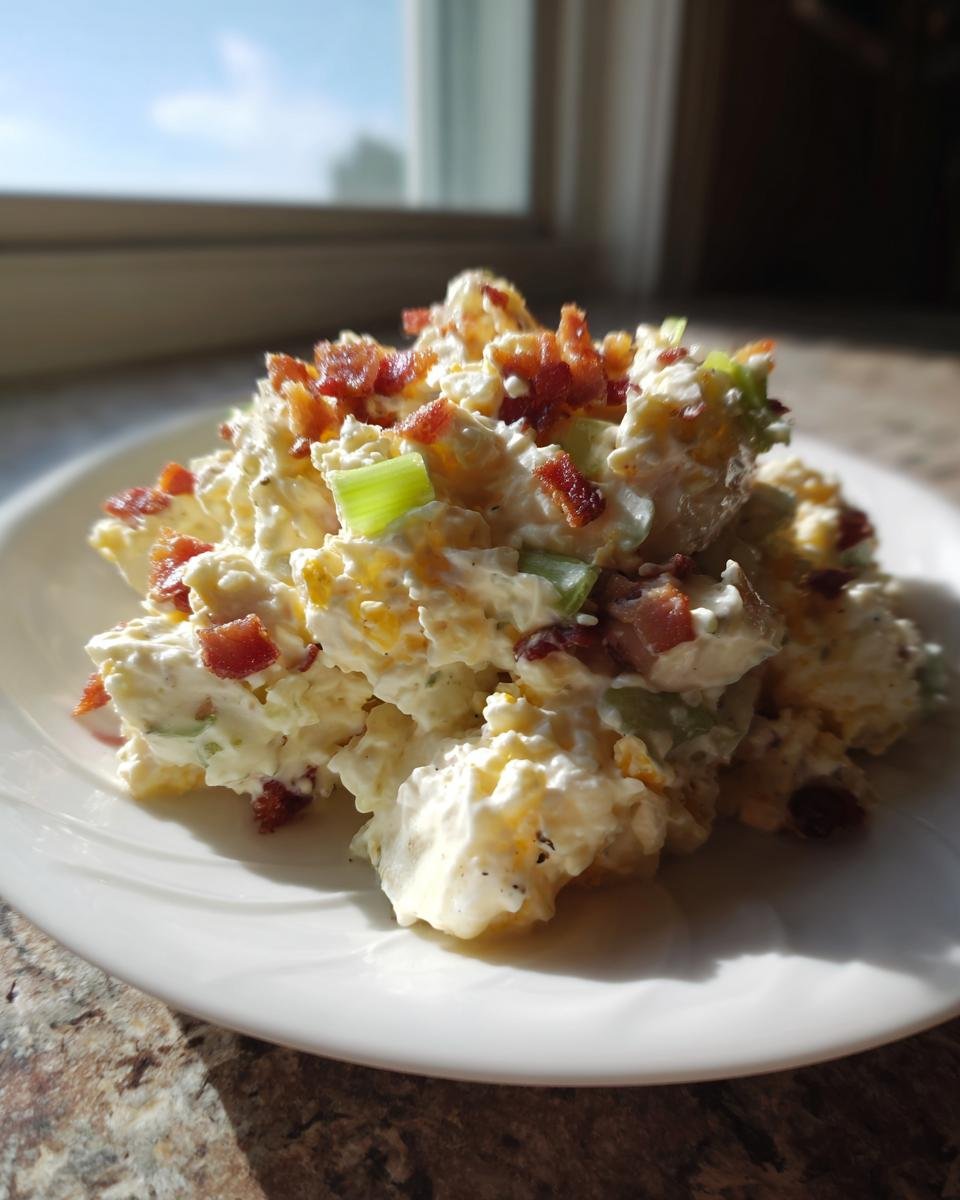 A mound of creamy Bacon Potato Salad topped with crispy bacon bits and celery on a white plate.