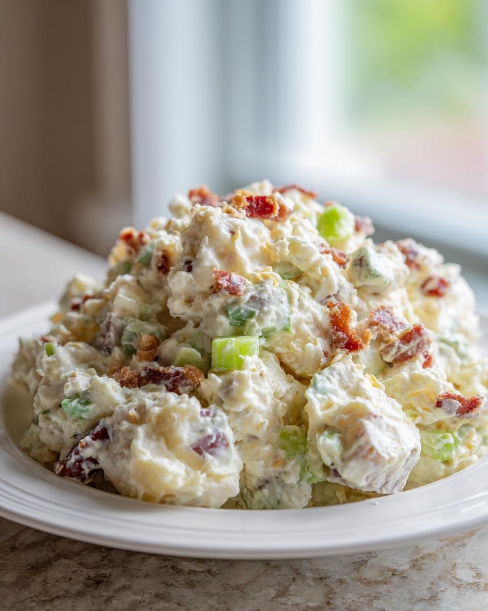 A generous serving of creamy Bacon Potato Salad piled high on a white plate, featuring potatoes, bacon bits, and celery.