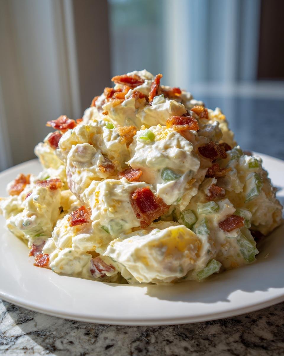 A generous mound of creamy Bacon Potato Salad, studded with celery and topped with crispy bacon pieces, served on a white plate.