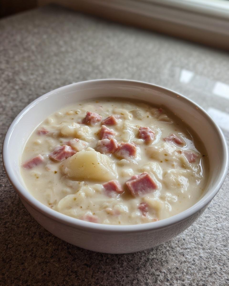 A close-up of a white bowl filled with creamy Ham And Potato Soup, showing chunks of ham and potatoes.