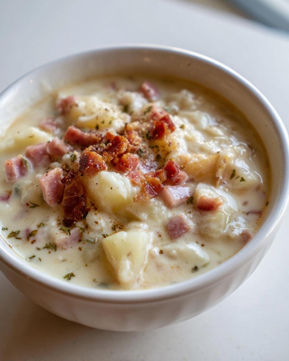 Close-up of a creamy bowl of Ham And Potato Soup, featuring chunks of potato, ham, and crispy bacon topping.