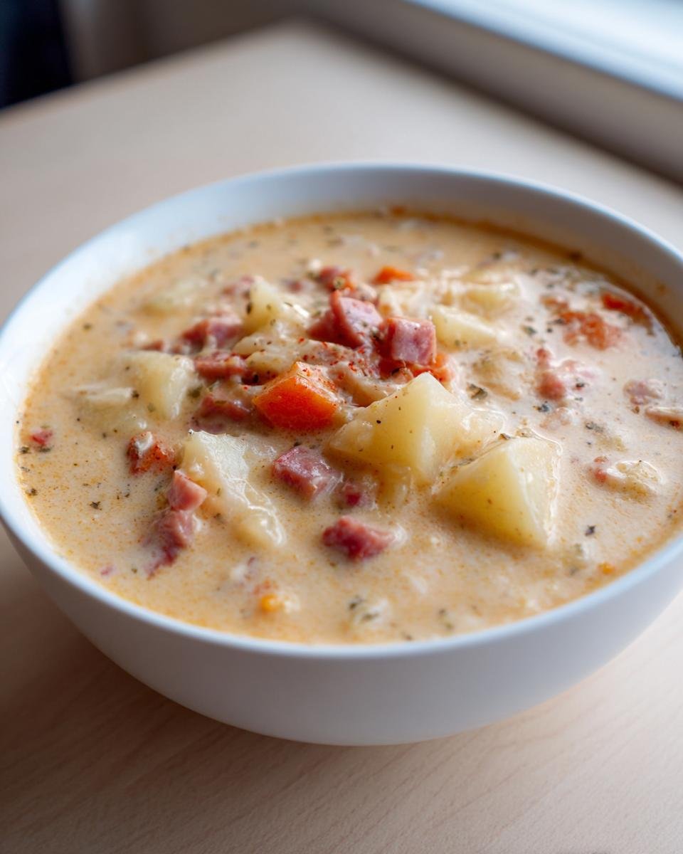Close-up of a creamy bowl of Ham And Potato Soup, showing chunks of potato, ham, and carrots.