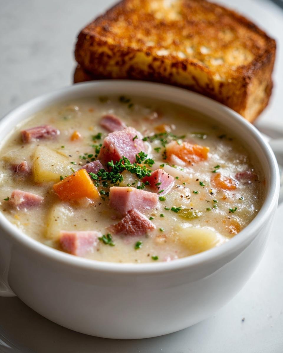 A close-up of creamy Ham And Potato Soup in a white bowl, garnished with parsley, served with toasted bread.