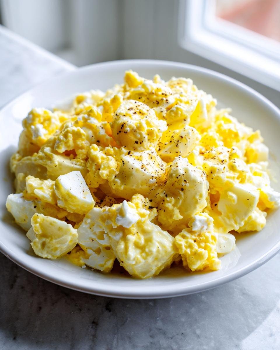 A close-up of creamy Lemon Potato Salad, featuring chunks of potato coated in a yellow dressing and topped with cracked black pepper.