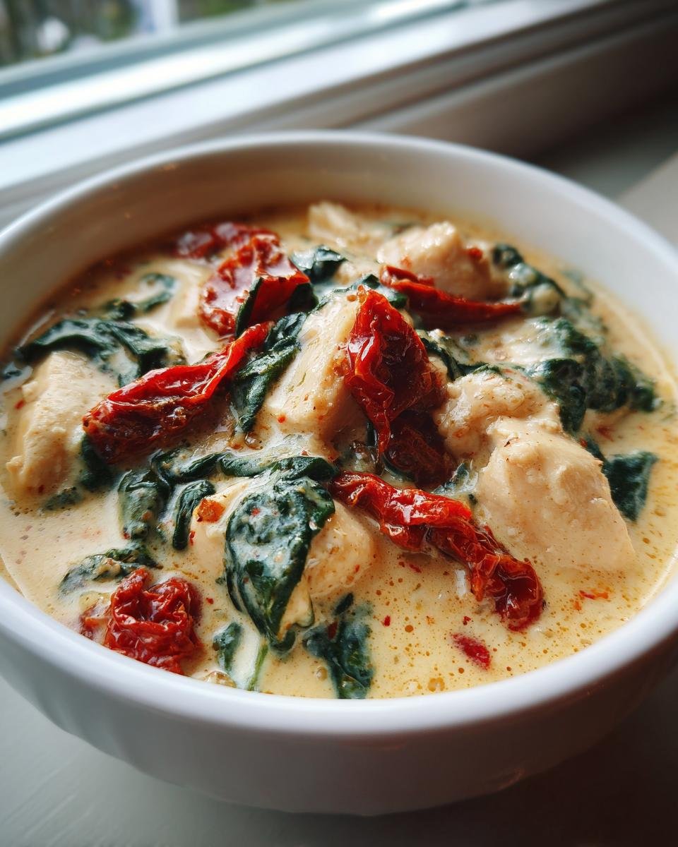 Close-up of a bowl of creamy Marry Me Chicken Soup featuring chunks of chicken, wilted spinach, and bright red sun-dried tomatoes.