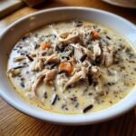 A close-up of a bowl of creamy Panera Chicken And Wild Rice Soup, featuring shredded chicken, wild rice, and carrots.