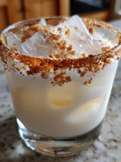 Close-up of a creamy, iced RumChata drink garnished with a thick brown sugar and cinnamon rim.
