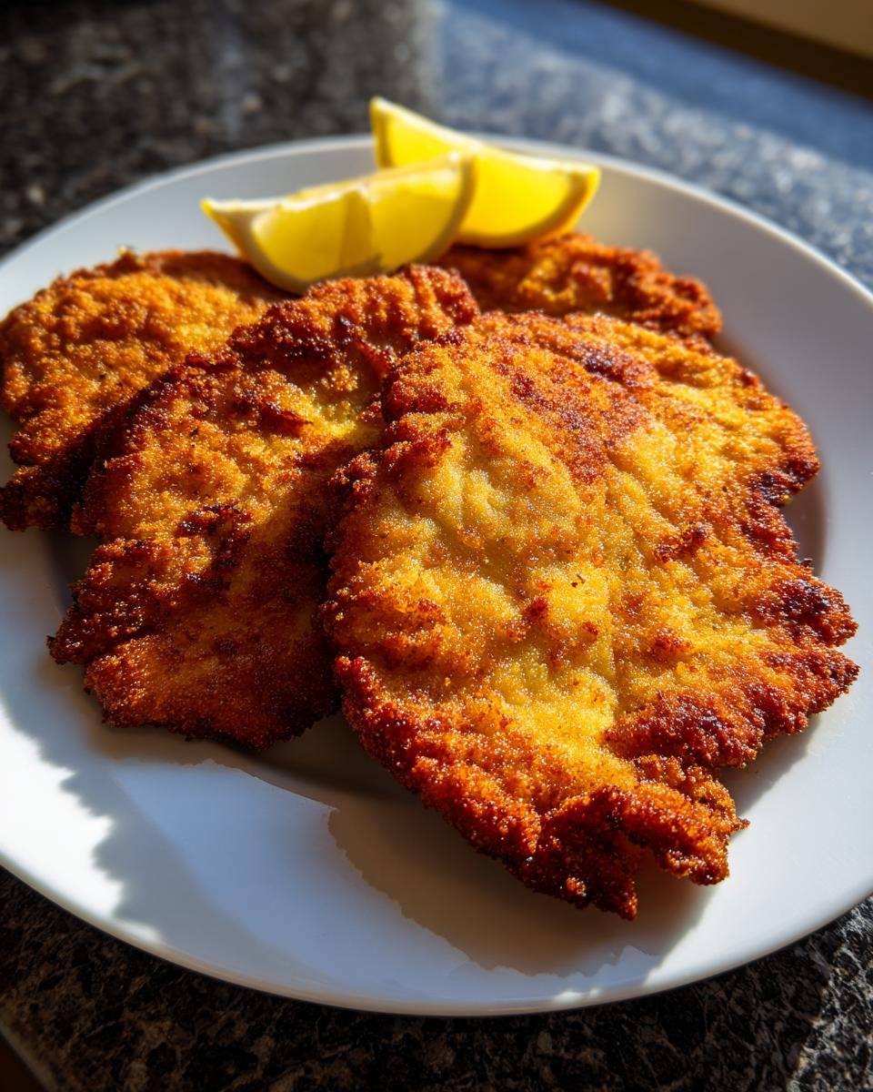 Three golden, crispy Wiener Schnitzel cutlets served on a white plate with lemon wedges.