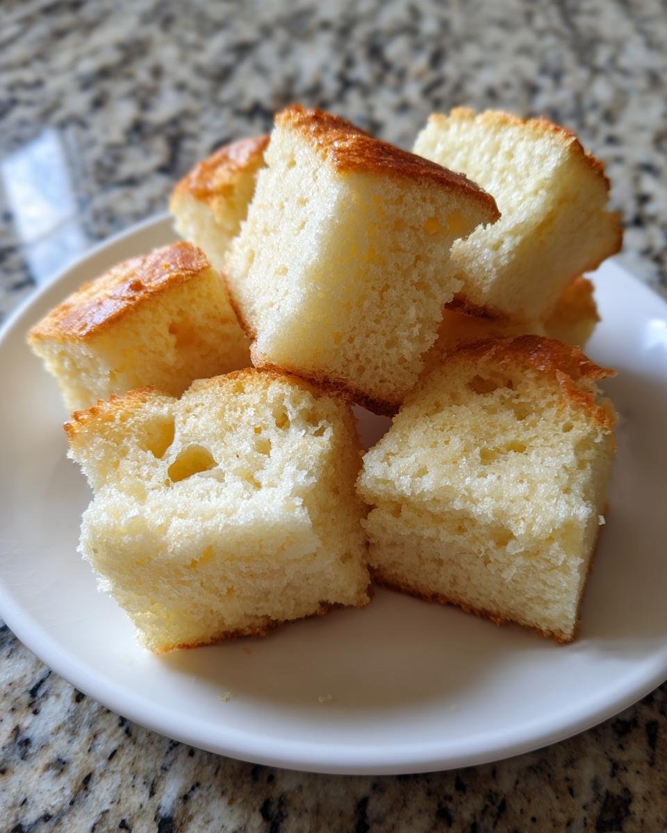 Close-up of several golden-crusted cubes of soft, light-colored Lembas Bread From Lord Of The Rings on a white plate.
