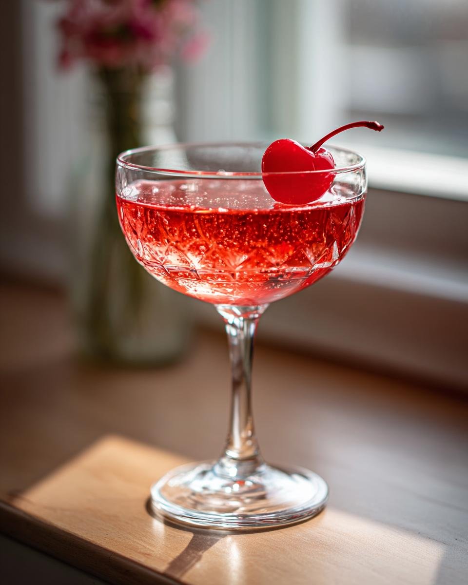 A vibrant red, sparkling Cupids Kiss Cocktail served in a crystal coupe glass, garnished with a bright red maraschino cherry.
