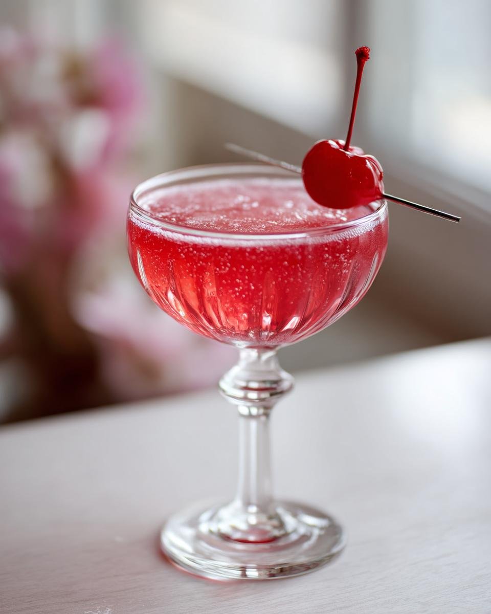A vibrant red Cupids Kiss Cocktail served in a coupe glass, garnished with a maraschino cherry on a pick.