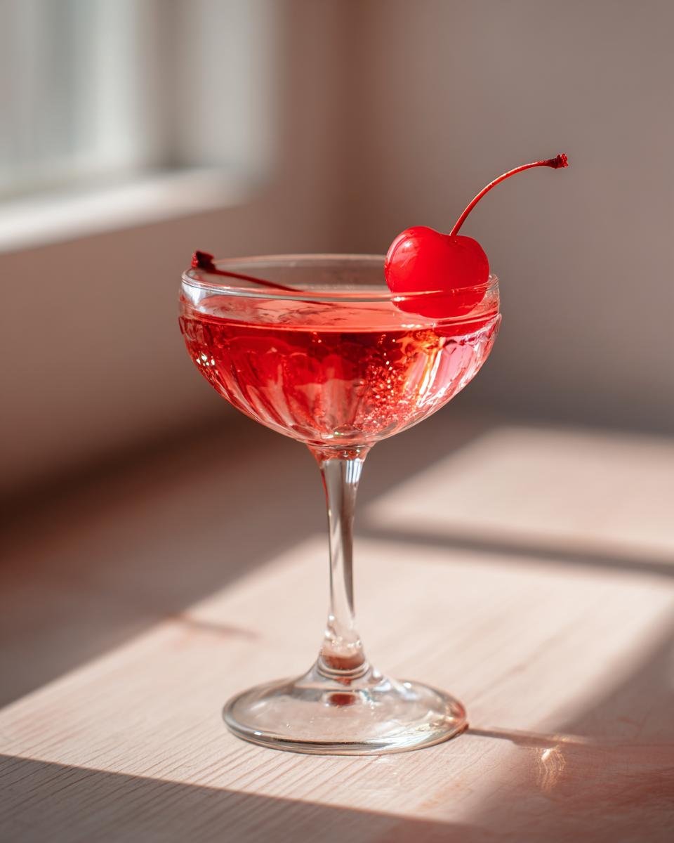 A vibrant red Cupids Kiss Cocktail served in a coupe glass, garnished with a bright red maraschino cherry.