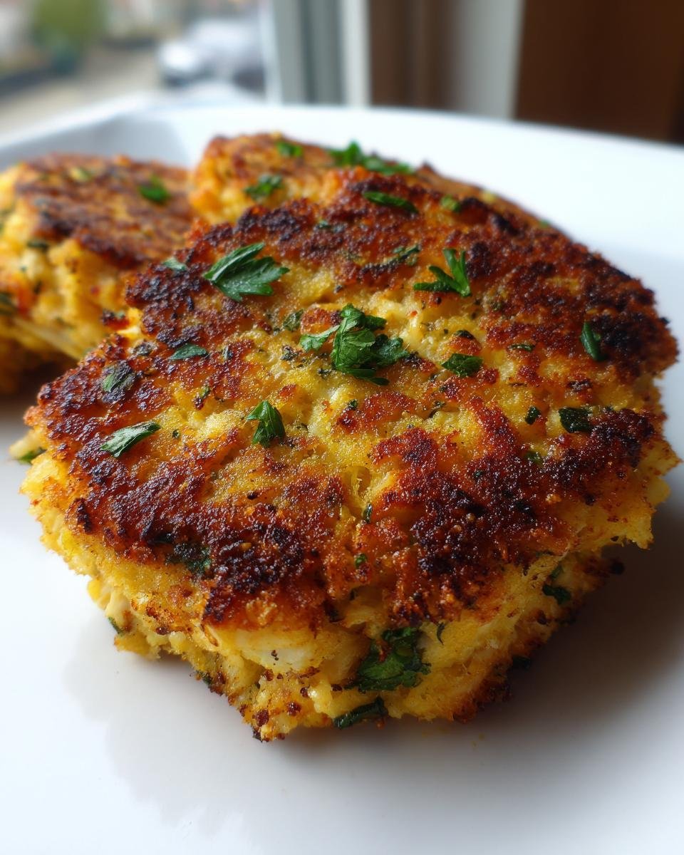 Close-up of a perfectly seared, golden brown Easy Crab Cakes garnished with fresh chopped parsley on a white plate.