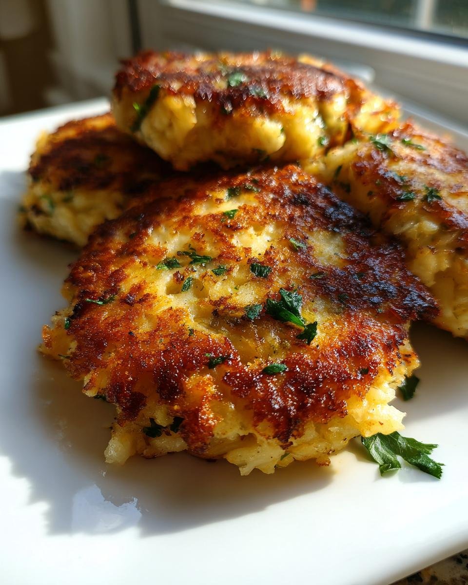 Close-up of four golden brown, pan-fried Easy Crab Cakes garnished with parsley, stacked on a white plate.