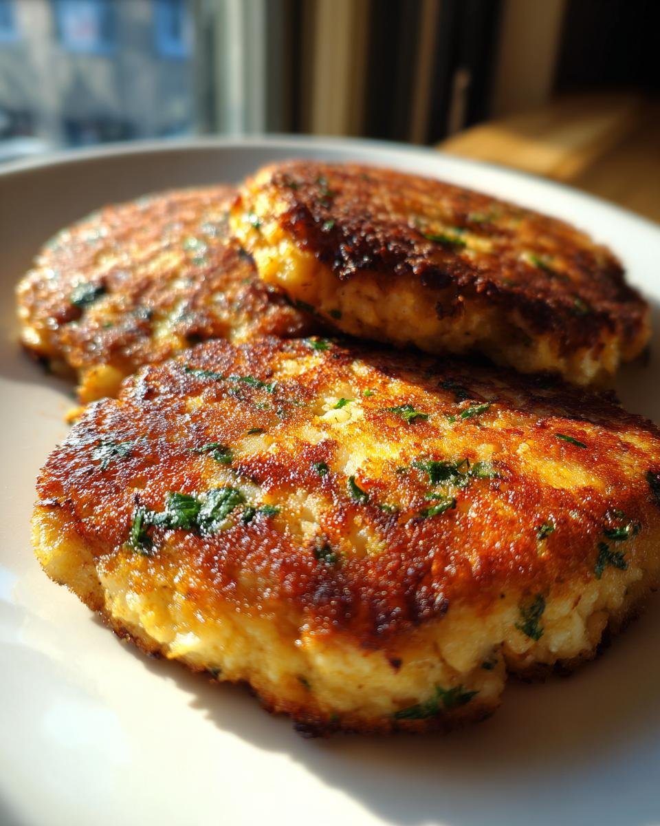 Close-up of three golden brown, pan-fried Easy Crab Cakes garnished with green herbs.