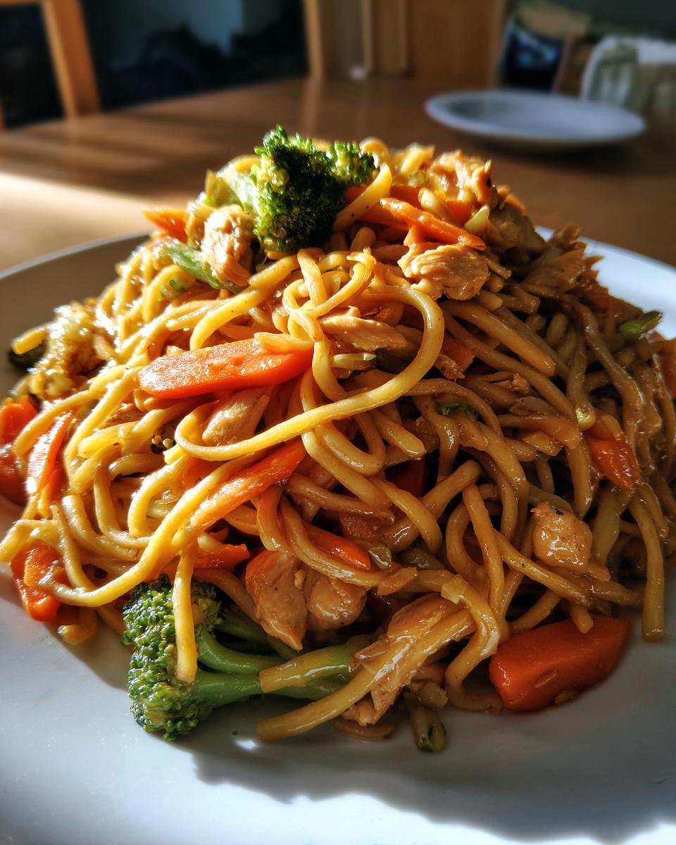 A close-up of a serving of Easy Lo Mein noodles mixed with chicken pieces, sliced carrots, and bright green broccoli florets.
