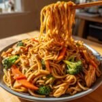 A generous plate of Easy Lo Mein noodles being lifted by chopsticks, showing chicken, broccoli, and carrots.
