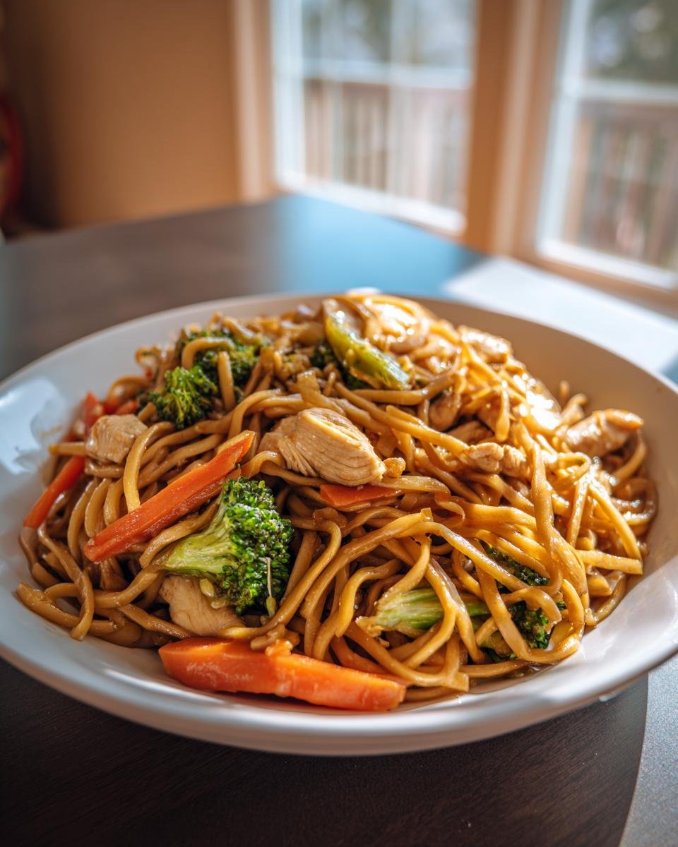 A close-up of a bowl of Easy Lo Mein noodles mixed with chicken pieces, bright green broccoli, and sliced carrots.