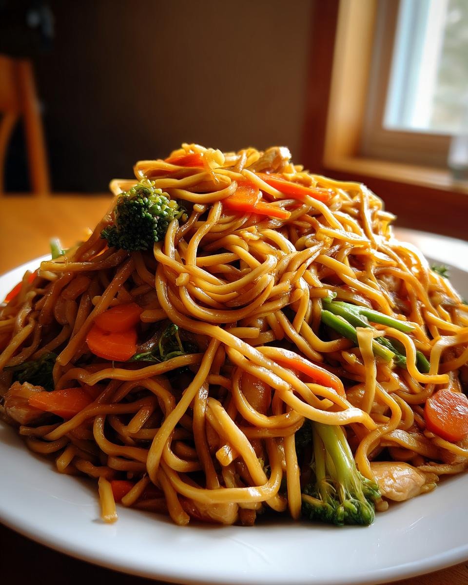 A close-up of a generous serving of Easy Lo Mein noodles mixed with bright broccoli florets and sliced carrots on a white plate.