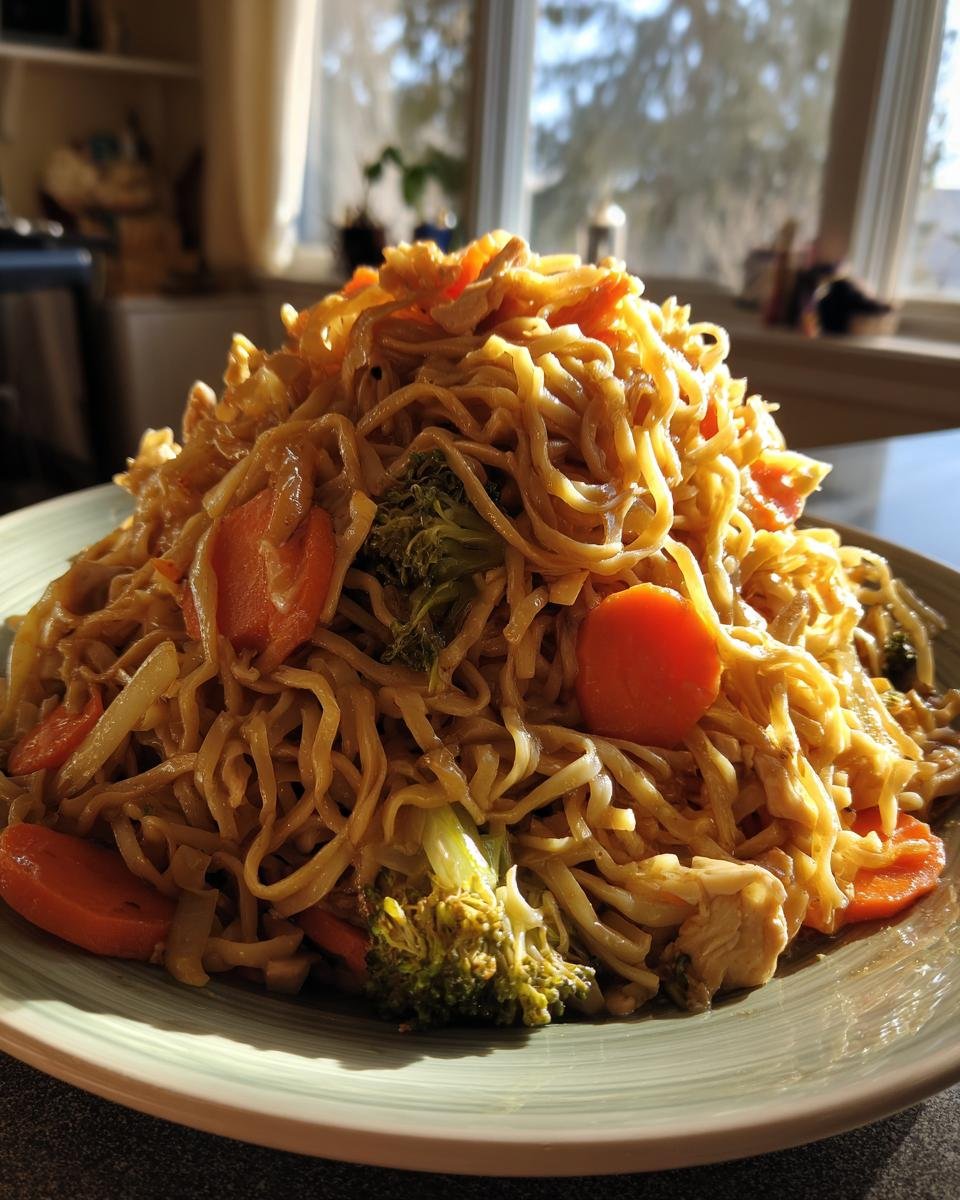 A large mound of Easy Lo Mein noodles mixed with sliced carrots and broccoli florets served on a light green plate.