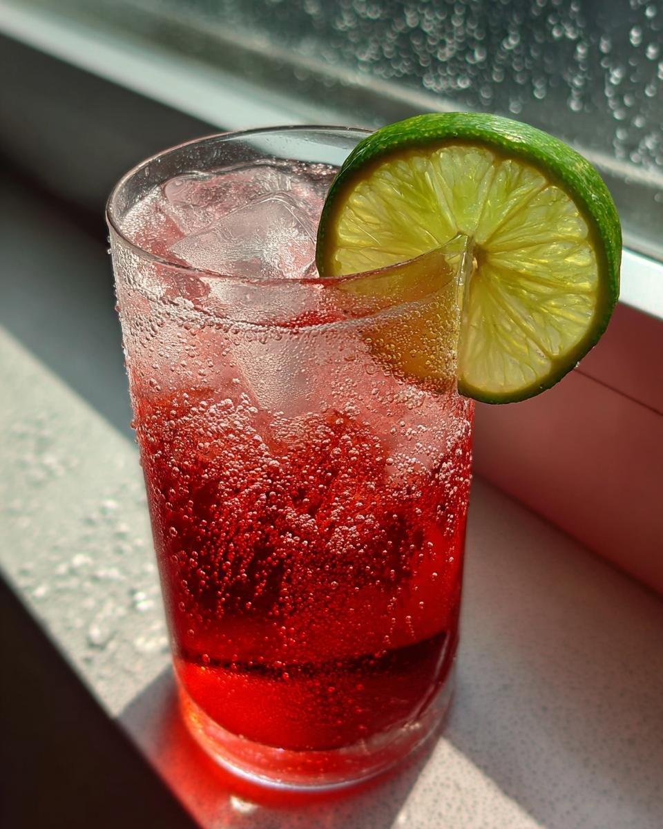 Close-up of a vibrant red, fizzy Easy Valentines Day Mocktail garnished with a bright lime slice.