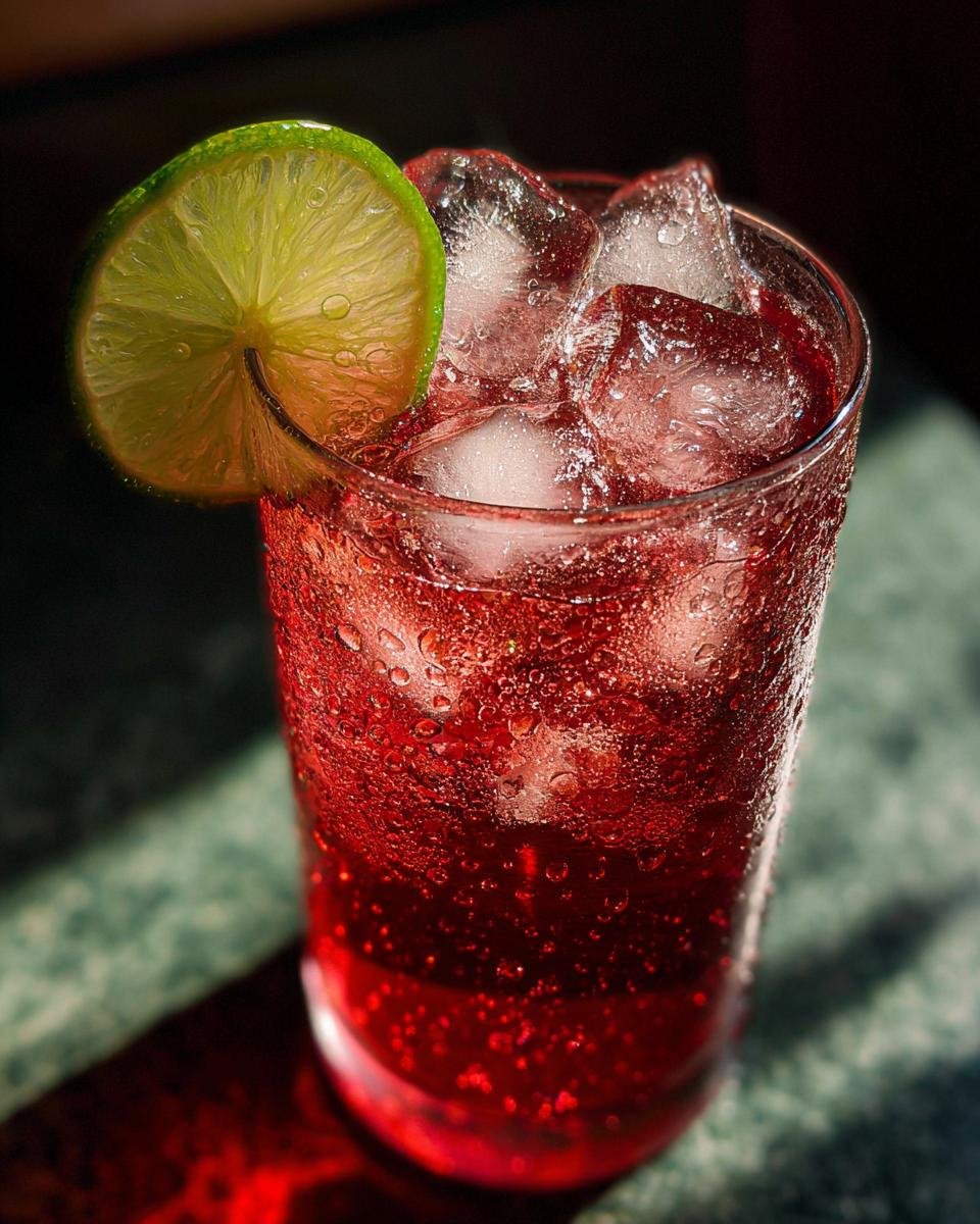 Close-up of a tall glass filled with a vibrant red Easy Valentines Day Mocktail, ice, and a lime wheel garnish.